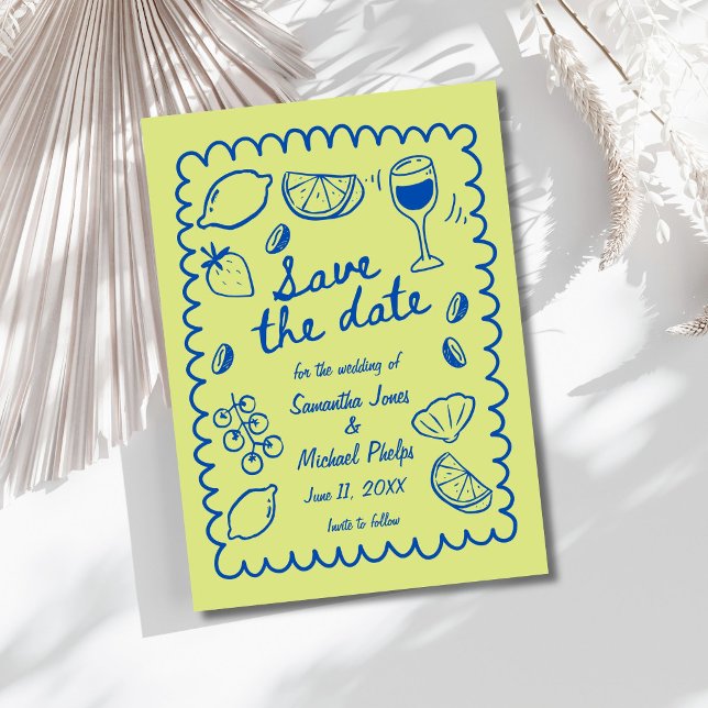 Blå kustbröllop - Spara datumet (Festive Blue Coastal Wedding Save the Date)