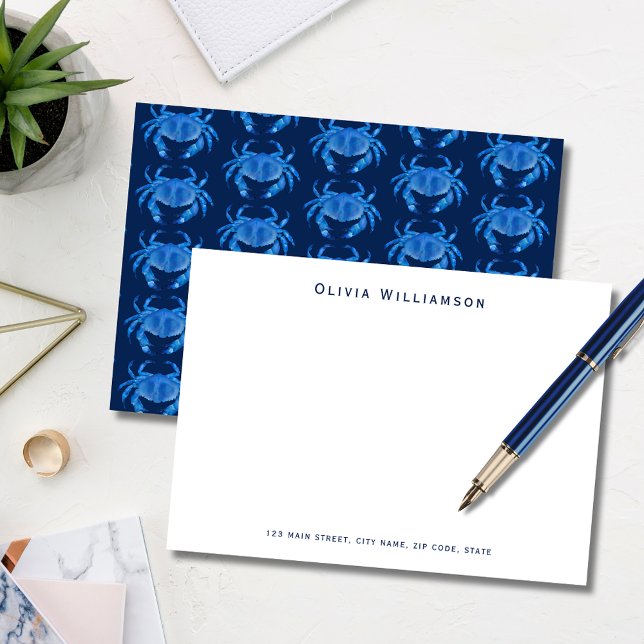 Blå kustkrabba strandhus inspirerad anteckningskort (Blue coastal crab, crustacean illustrated notecard. Personalize with your name & address details.)