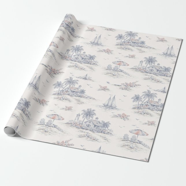 Blå kustnära tropisk fransk Toile-mönster Presentpapper (Utrullad)