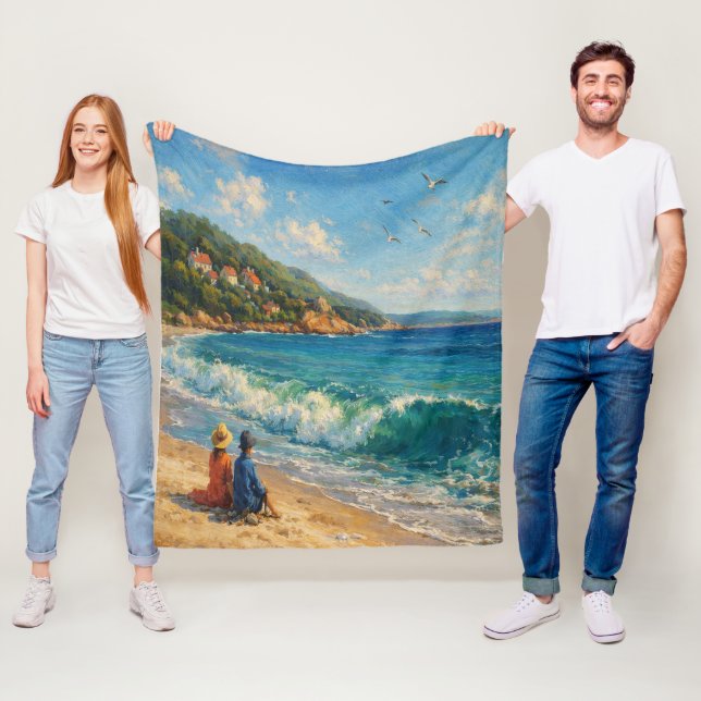 Blå kuststrand fleecefilt (På plats)