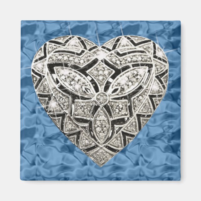 Blå kvadratisk Elegant Designer Diamond Heart Magn Magnet (Framsidan)
