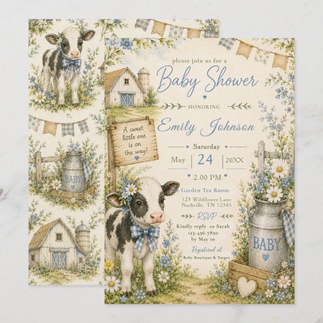 Blå lada ko baby shower inbjudningar (Fram/baksida)
