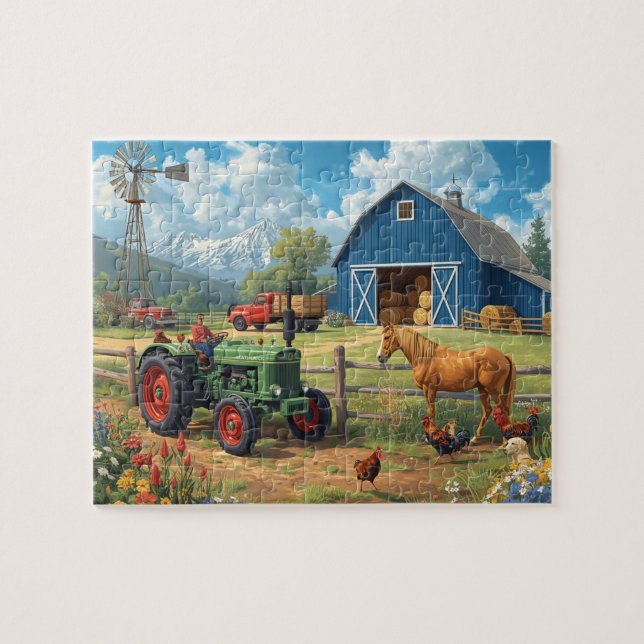Blå ladugård traktor häst gård bergsscen pussel (Horisontell)