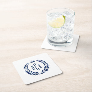 Blå lagerkrans anpassad monogram underlägg papper kvadrat