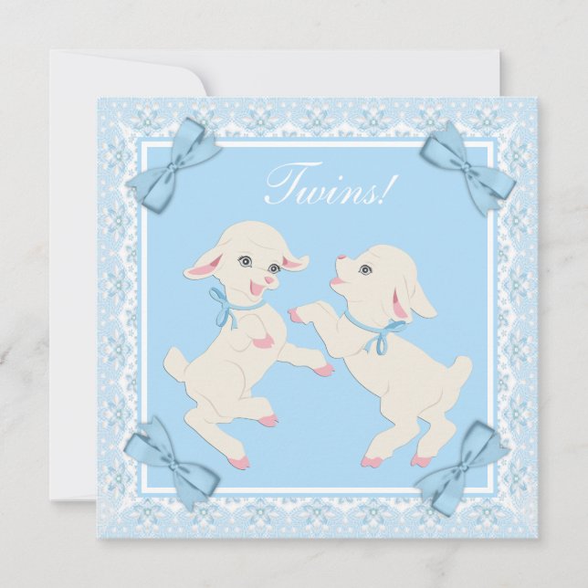 Blå lamm tvilling pojke baby shower inbjudningar (Framsida)