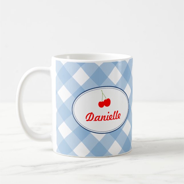 Blå land gingham mönster-körsbärsbär kaffemugg (Vänster)