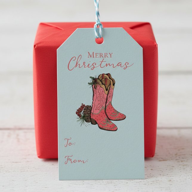 Blå Land God jul till från Märkre till gåva Presentetikett (Country Cowgirl Boots Christmas Gift Tags for Her. Vintage Blue Rodeo Cowboy Boots & Xmas Pinecones)