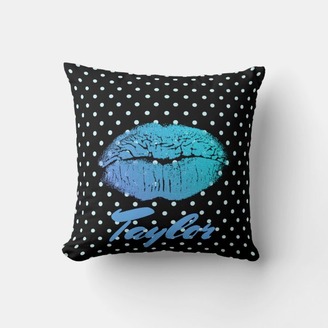 Blå Läppar Kiss Black och blue polka dot mönster Kudde (Framsida)
