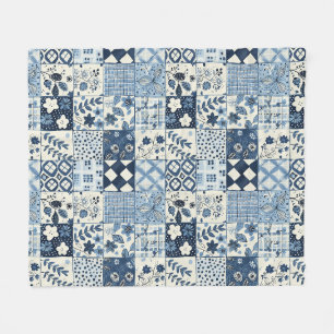 Blå lapptäcke gingham Cottagecore blommig Fleecefilt