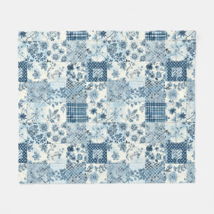 Blå lapptäcke gingham Cottagecore blommig Fleecefilt