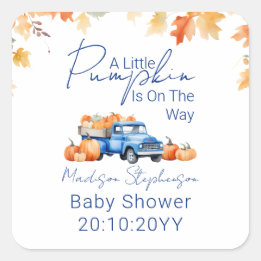 Blå lastbil & Liten pumpa på väg Baby Shower-inbju Fyrkantigt Klistermärke
