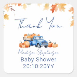 Blå lastbil & Liten pumpa på väg Baby Shower-inbju Fyrkantigt Klistermärke