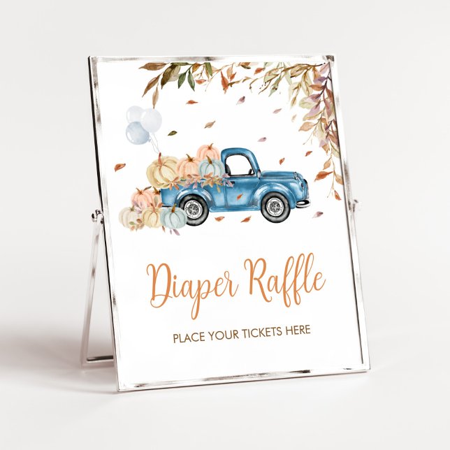 Blå Lastbil Pumpkin Diaper Raffle Baby Shower Poster (Boy Little Pumpkin Truck Baby Shower Diaper Raffle Sign)