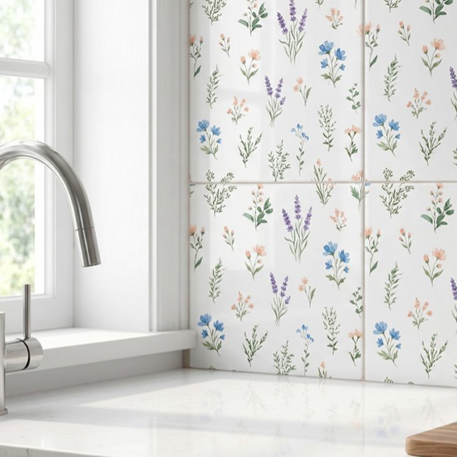 Blå Lavendel Boho Akvarell Vildblomma Stuga Kakelplatta (Skapare uppladdad)