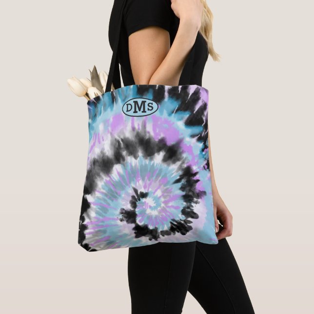 Blå lavender Black Tie Dye Abstrakt Monogram Tygkasse (Närbild)
