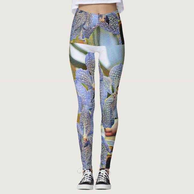 Blå lavender-färgad, orchid-blommor leggings (Framsida)