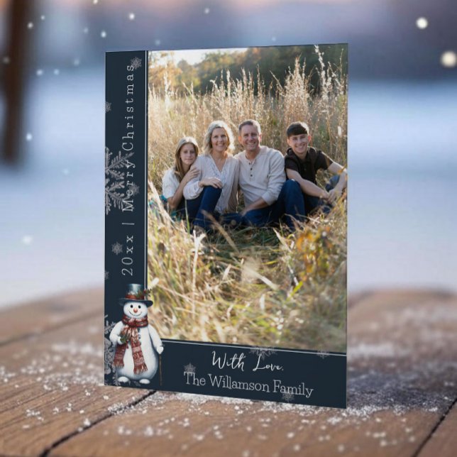 Blå leende-Helgdag för foto- i Snögubbe Julkort (Blue Smiling Snowman Holiday Photo Card)