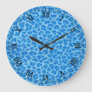 Blå leopard Skin Round Roman Numerals Clock Stor Klocka