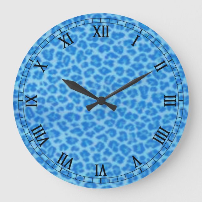 Blå leopard Skin Round Roman Numerals Clock Stor Klocka (Framsida)