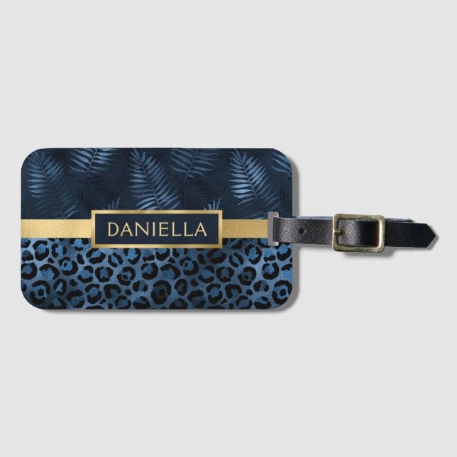 Blå leopard Skriv ut Shimmer Tropical Blommigt Nam Bagagebricka (Framsida horisontal)