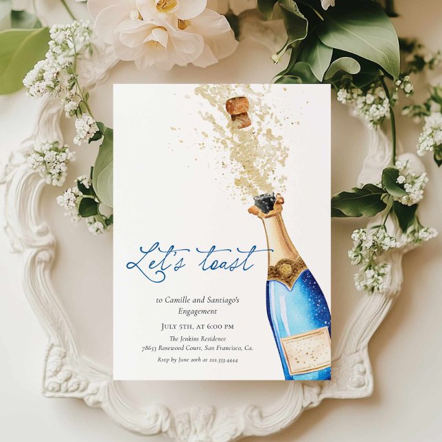 Blå Let's Toast Par Bröllopsförlovningsfest Inbjudningar (Blue Let's Toast Engagement party invitation)