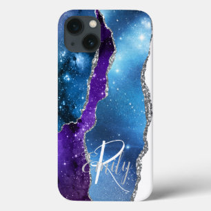 Blå Lila Agate Marble Abstrakt Namn Monogram