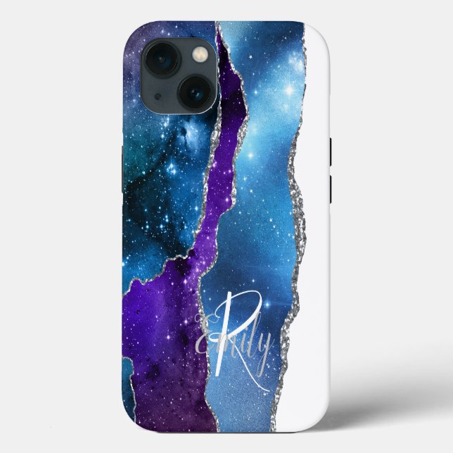 Blå Lila Agate Marble Abstrakt Namn Monogram (Baksida)