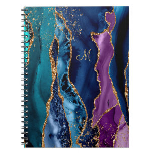 Blå/Lila-agate w/Guld Veins Monogram Anteckningsbok