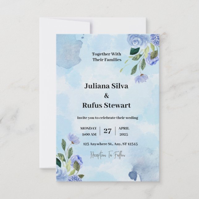 Blå Lila Akvarell Enkel Minimalistisk Bröllop (Framsida)