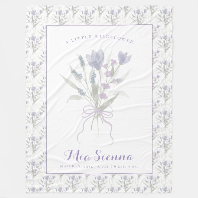 Blå Lila Akvarell Liten Vildblomma Namn Bebis Fleecefilt (Framsidan)