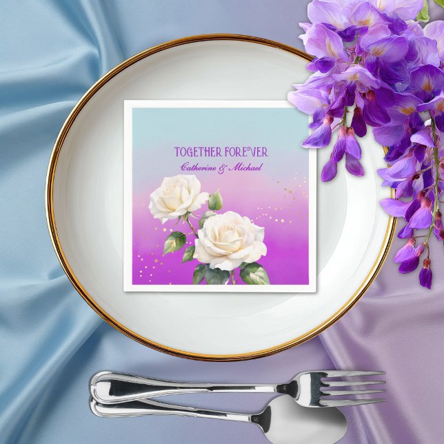 Blå Lila Akvarell Ombre Rosor Vårbröllop Pappersservett (Elegant lavender aqua floral pastel gradient romantic blooms wedding napkin
)