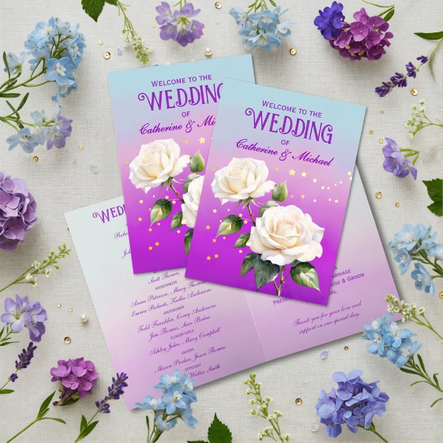 Blå Lila Akvarell Ombre Rosor Vårbröllop Program (Flat lay ocean lavender blush floral dreamy botanical spring wedding program
)