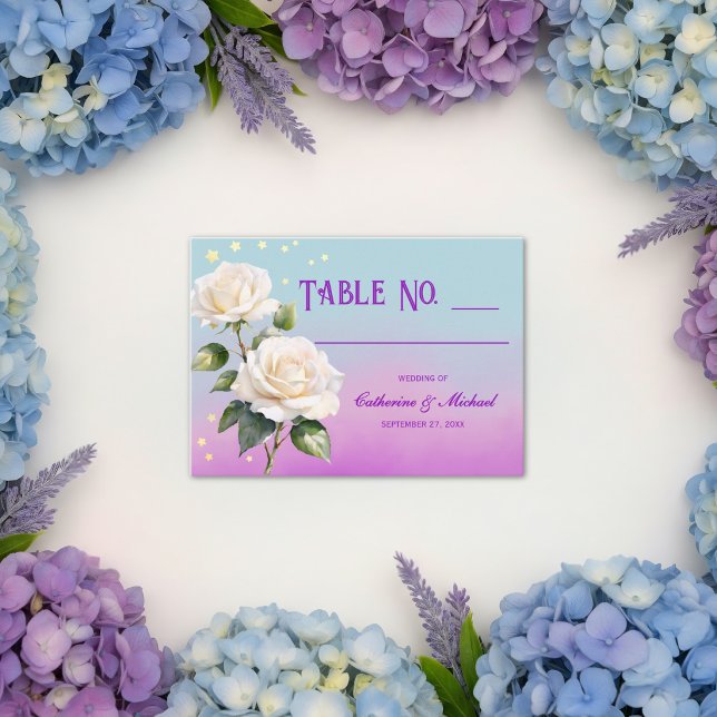 Blå Lila Akvarell Vårbröllop Placeringskort (Flat lay sky lavender blush floral spring garden wedding place card
)