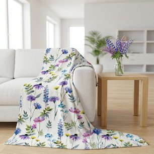 Blå Lila Akvarell Vildblomma Fleecefilt