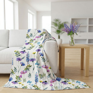 Blå Lila Akvarell Vildblomma Fleecefilt