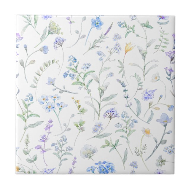 Blå Lila Akvarell Vildblomma Kakelplatta (Framsidan)