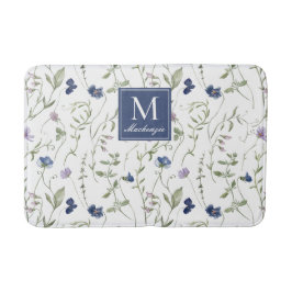Blå Lila Akvarell Vildblomma Monogram Badrumsmatta