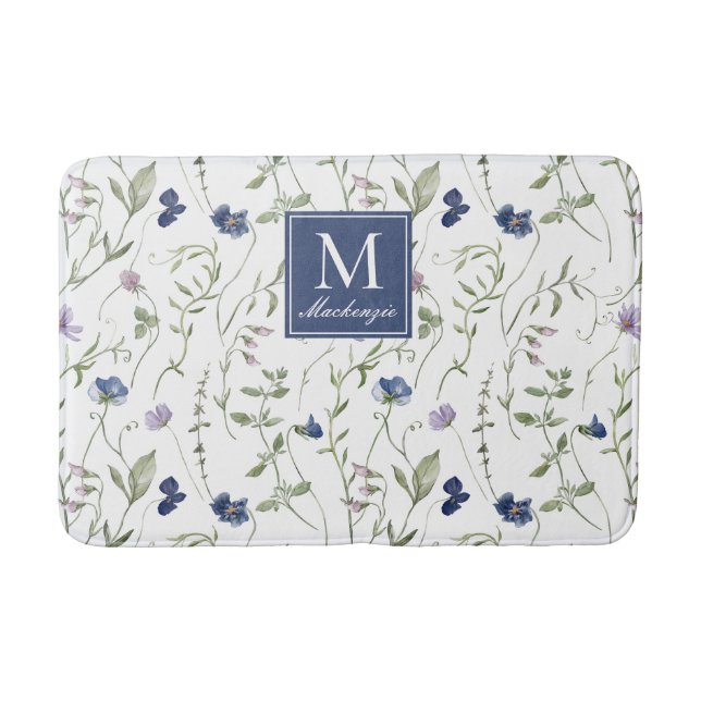 Blå Lila Akvarell Vildblomma Monogram Badrumsmatta (Framsidan)