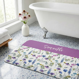 Blå Lila Akvarell Vildblomma Monogram Badrumsmatta