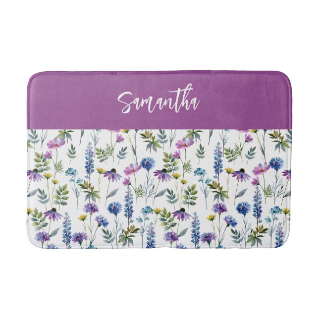 Blå Lila Akvarell Vildblomma Monogram Badrumsmatta (Framsidan)