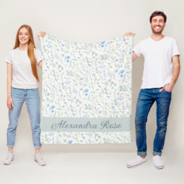 Blå Lila Akvarell Vildblomma Monogram Namn Fleecefilt