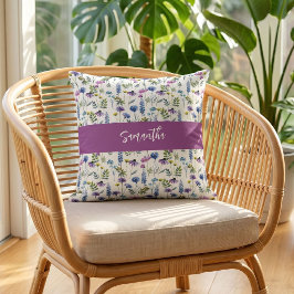 Blå Lila Akvarell Vildblomma Monogram Namn Kudde
