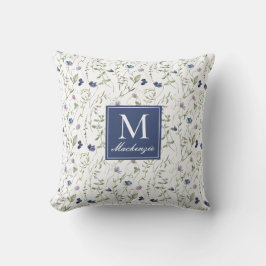 Blå Lila Akvarell Vildblomma Monogram Namn Kudde