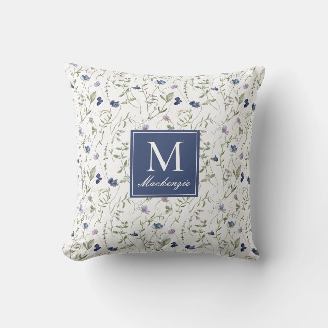 Blå Lila Akvarell Vildblomma Monogram Namn Kudde (Framsida)