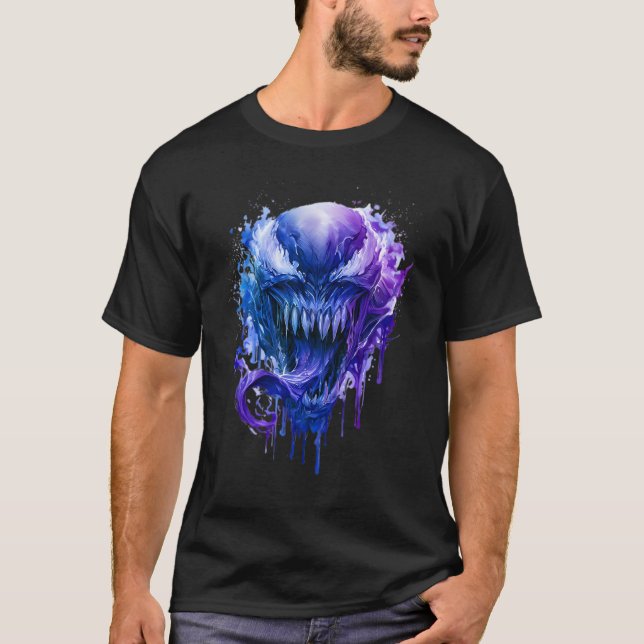 Blå Lila Alien Monster Splatter T-Shirt (Framsida)