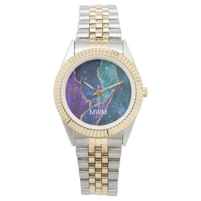 Blå Lila Aqua Guld Ådror Agat Monogram Armbandsur (Framsida)