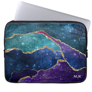 Blå Lila Aqua Guld Ådror Agat Monogram Laptop Fodral