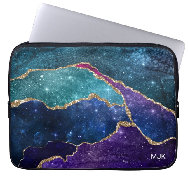 Blå Lila Aqua Guld Ådror Agat Monogram Laptop Fodral (Framsidan)