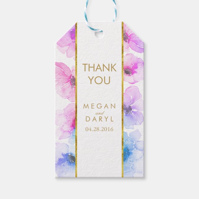 Blå Lila Blommigt Guld Ram Chic Bröllop Presentetikett (Framsidan)
