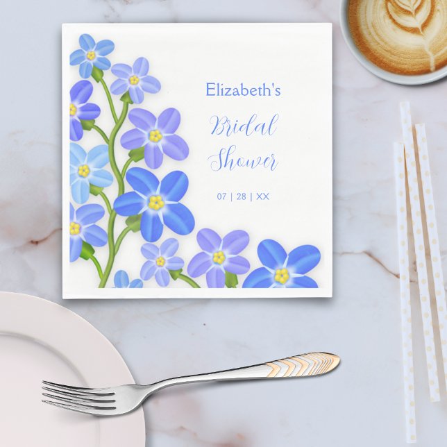 Blå Lila-Blommigt, Möhippa för att glömma-mig-nots Pappersservett (Blue Purple Floral Forget-Me-Nots Bridal Shower Napkins)